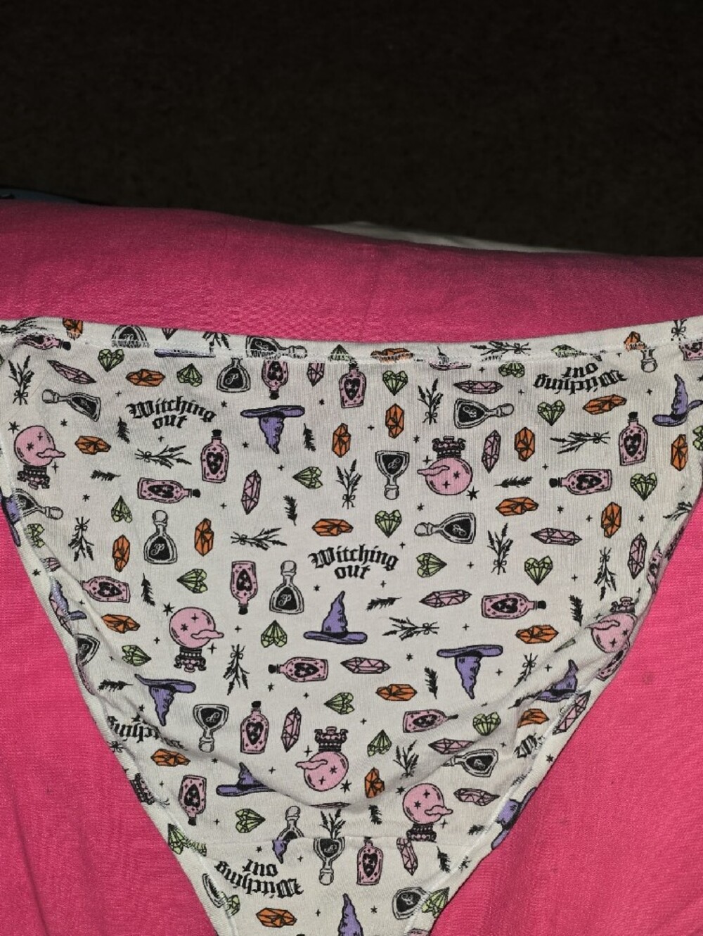 PINK Victoria's Secret White Bikini Briefs with Multi-Color Witching Icons - Picture 3 of 3